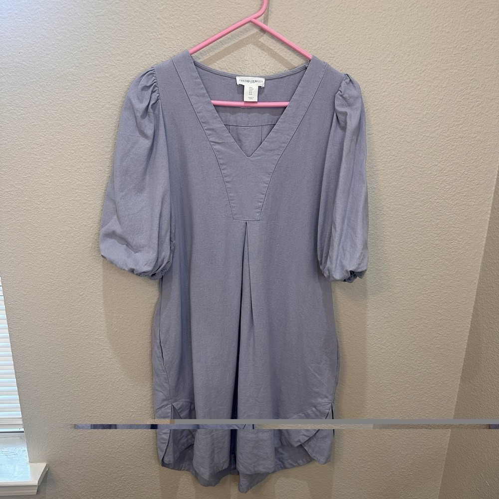 Cynthia Rowley Linen Blend Puff Sleeve Dress V Neck L Taupe Resort Vacation
